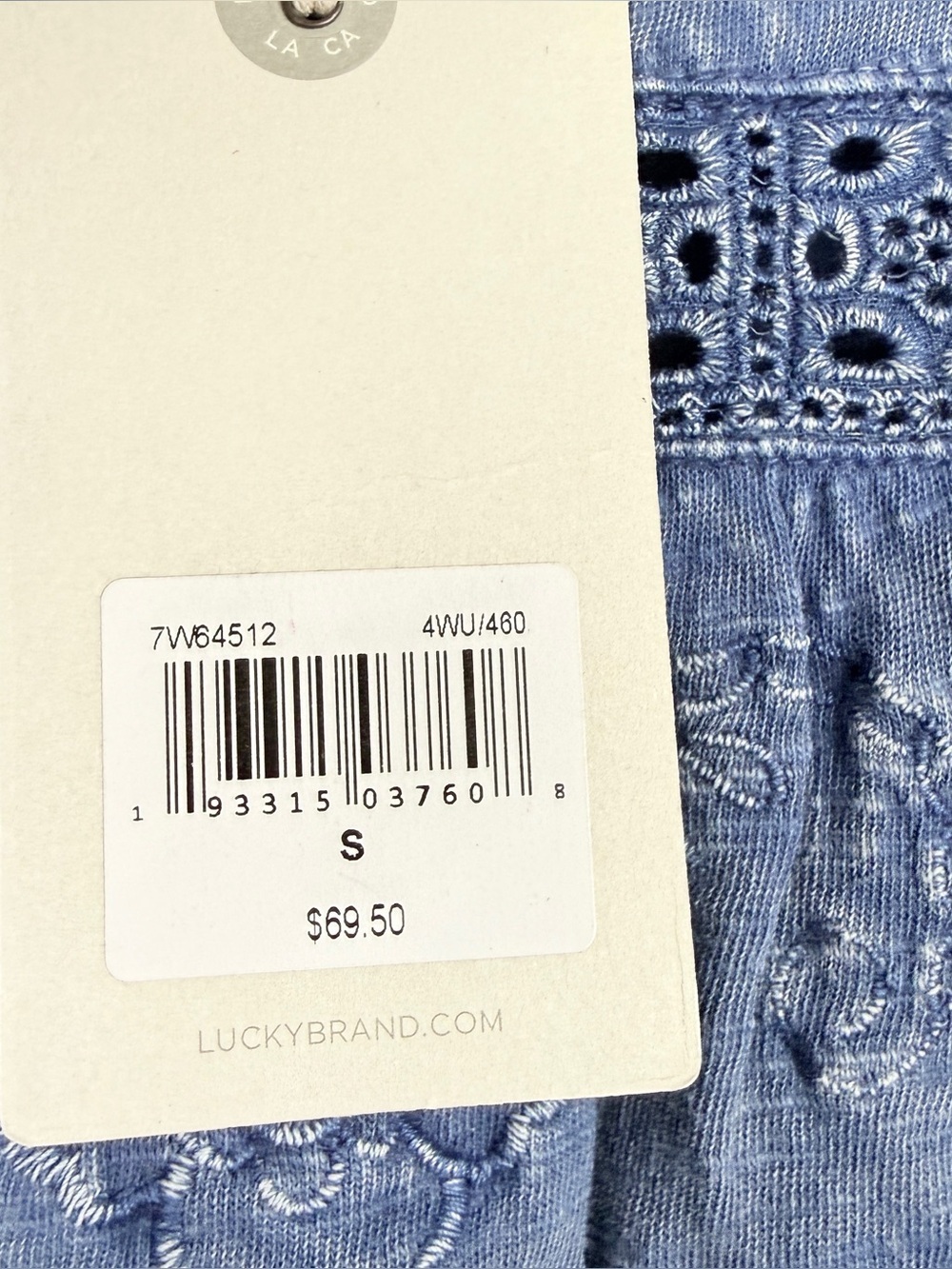 Lucky Brand Blue Embroidered Eyelet Cotton Boho Peasant Top feminine Coastal - Picture 7 of 8
